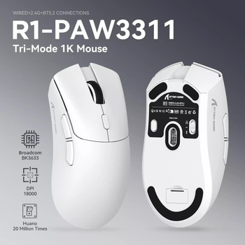 Ігрова комп'ютерна миша Attack Shark R1 White з 2.4G / Bluetooth / дротовим підключенням PixArt PAW3311, 18000DPI