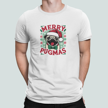 Мужская Новогодняя футболка Stedman с принтом Merry Pugmas Новогодний мопс Белый XXL
