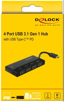 USB Hub Delock USB 3.1 Gen 1 Hub USB Type-C > 4 x USB Type-A + 1 x USB Type-C PD Black (4043619627936)