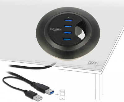 USB Hub Delock In-Desk Hub 4 Port USB 5 Gbps Black (4043619628681)