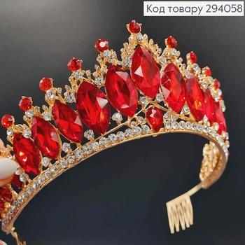 Діадема золотиста на голову, "Роксолана" з червоними камінцями