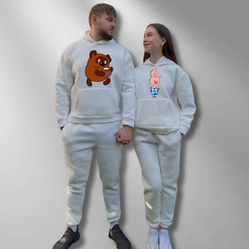 Парні спортивні костюми теплі з капюшоном Худі та Джогери XL/XXL, XL/XXL, принт "Вінні Пух та П'ятачок" білий (1149)