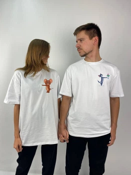 Футболки Оверсайз парні "Том і Джеррі", М/L, XL\2XL, білий (1175)