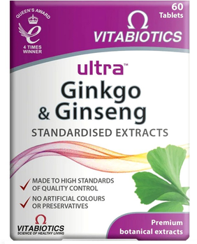 Suplement diety Vitabiotics Ultra Ginkgo & Ginseng suplement diety z miłorzębem japońskim i żeń-szeniem 60 tabletek (5021265244096)