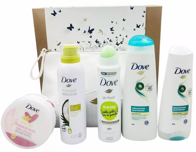 Набір Dove Go Fresh Дезодорант 150 мл + Бальзам для тіла 150 мл + Пінка для тіла 250 мл + Шампунь для волосся 250 мл + Крем для тіла 298 г + Косметичка (8720182476647)