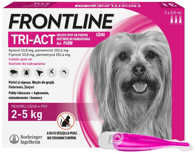 Krople na pchły, wszoły i kleszcze Boehringer Ingelheim Frontline Tri-Act XS dla psów 2-5 kg 3 x 0.5 ml (5909991237547)