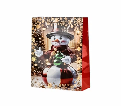 Подарунковий пакет Stenson Snowman 18х23х8 см малюнок зі сніговиком Золотий з червоним (R33006-S)