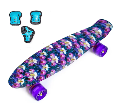 Набір скейтборд Penny Board. Орхідея + захист на коліна, лікті та долоні. Колеса світяться під час катання!