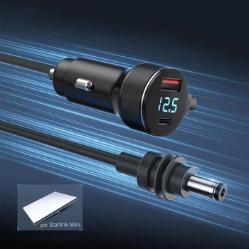 Автомобільний зарядний пристрій USB-C (35W) / USB-A (30W) в прикурювач (12-24V) + Кабель DC connector 20W-180W PD довжиною у 3м для супутникової системи Starlink Mini / Старлінк Міні / Водонепроникний
