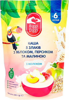 Молочна каша Biggi Diggi 5 злаків з яблуком, персиком та малиною для дітей з 6 місяців 200 г (8606019651961)