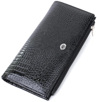 Жіночий шкіряний гаманець ST Leather чорний лакований тонкий 12 карт з монетницею 55564