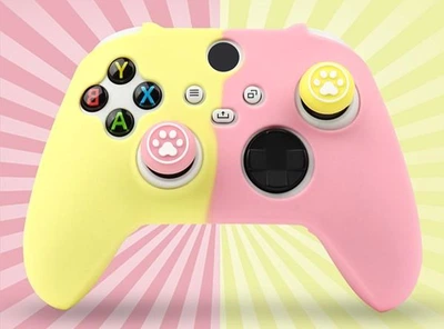 Качественный защитный силиконовый чехол Yellow/Pink для геймпада Xbox Series X|S + накладки на стики Cat Paws