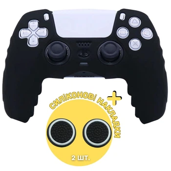 Качественный рельефный силиконовый чехол Black для геймпада DualSense Sony PlayStation 5 (PS5) + антискользящие накладки на стики