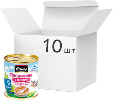 Упаковка м'ясного пюре Hame Яловичина з язиком з 9 місяців 100 г х 10 шт. (8595139764845)