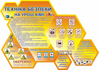 Стенд «Техніка безпеки на уроці хімії» Жовтий 1000мм×710мм (Арт0909)