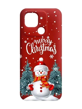 Матовый красный чехол на Xiaomi Redmi 10C Снеговик (новогодний принт 152)