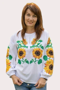 Жіноча біла лляна вишиванка (M)88 красива блузка з вишитими соняшниками (220411144)