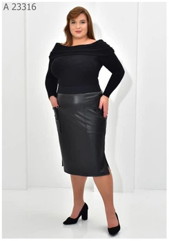 Женская юбка-карандаш из экокожи на флисе с карманами UF-Fashion МА- 23316 50 черный