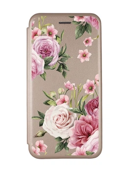 Чохол-книжка з малюнком для Xiaomi Redmi 9 Золотистий :: Рожеві квіти (принт 287)