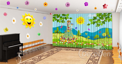 Весняні Фото Штори в дитячий сад PHOTODECOR "Весняний пейзаж і весна дівчина"
