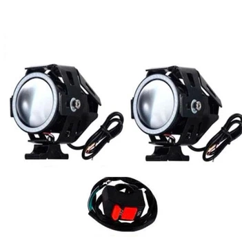 Фари прожектори для мотоцикла U7 LED 12В 3000лм Angel Eyes сині з кнопкою (359921)