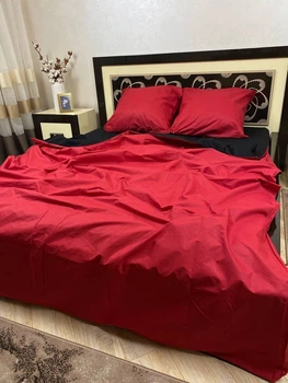 Постельное белье хлопковое однотонное Двуспальное 180 x 220 Бязь Красное с черным 50 х 70