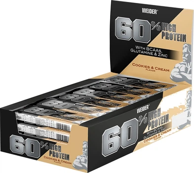 Упаковка протеїнових батончиків Weider 60% Protein bar 45 г х 24 шт Cookies та Cream (4044782909478)