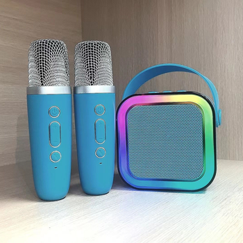 Дитячий набір для караоке портативна Bluetooth колонка с 2 мікрофонами і RBG підсвіткою (K12), Синій