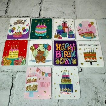 Открытки мини подарочные Happy birthday с блестками 7,1х8,2 см Микс 10 шт 5504-3-1