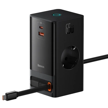 Сетевое зарядное устройство 2 выхода 65W Baseus PowerCombo Digital PowerStrip (1USB/2Type-C, 65W, 2 AC). Black