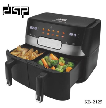 Аэрогриль с 2 чашами DSP KB 2125 3400W аэрофритюрница безмасляная для приготовления без масла с регулировкой температуры (5 л+5 л) черная с серым