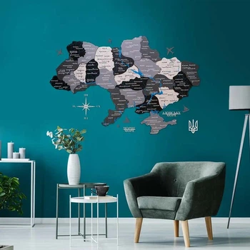 Серая деревянная многослойная 3д карта Украины с дерева 100 х 66 см Enjoy The Wood