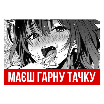 Наклейка вологостійка аніме маєш гарну тачку 9х6см. Стікер на авто/мото