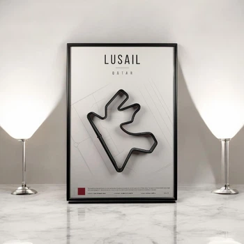 Металлическая Рамка 30x21см с 3D Трассой LUSAIL Circuit (Lusail International Circuit) / Lusail, AI Daayen, Qatar / Лусаил (Международный автодром Лусаил) в Масштабе 1:40 000 Black Matte / Рамка-Подставка 2в1 на Стену или Полку