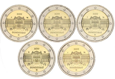 Набор монет Германия набор из 5 монет по 2 евро 2019 UNC A, D, F, G, J Бундесрат