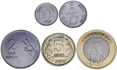 Набір монет Індія набір з 5 монет 1990-2011 F-VF 10, 25 пайса, 2, 5, 10 рупій