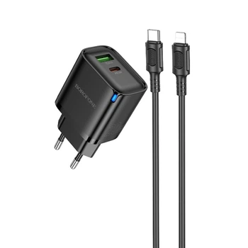 Зарядне мережеве BOROFONE BA83A (1хUSB-C/1хUSB) (PD/QC 20W) + кабель Type-C to Lightning для заряджання телефону/смартфону Чорний