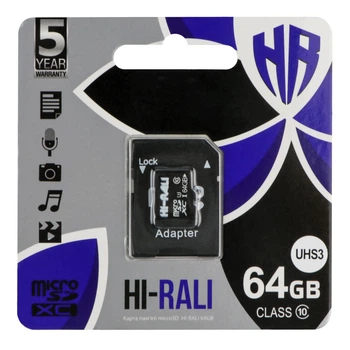 Карта памяти microSDXC Hi Rali 64gb UHS3 класс 10 с адаптером черная