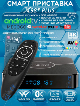 Смарт ТВ-приставка X98 Plus 4/64Гб Android TV 11 Amlogic 905W2 Аеропульт G10s Pro з підсвіткою клавіш, мікрофоном і голосовим пошуком + промокоди на телебачення (X98 Plus 4/64+G10s Pro 370728729)