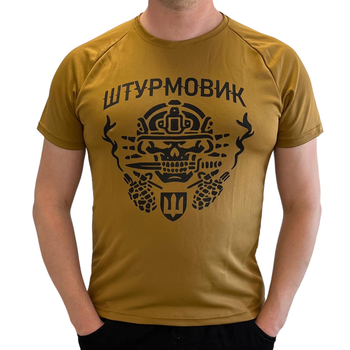 Тактична чоловіча футболка військова однотонна потовідвідна з принтом "Штурмовик" CoolPass Antistatic 3XL Койот
