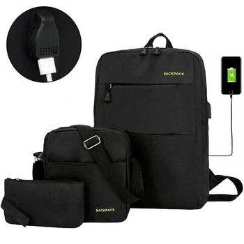 Мужской рюкзак 3в1 с сумкой и кошельком 18л 42х33х10 см с USB черный многофункциональный для учебы