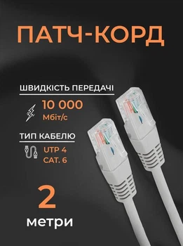 Интернет кабель сетевой белый высокоскоростной патч корд 2 м LAN 4PR UTP (Gigabit RJ45 Ethernet, 10 Гбит/с) CAT 6 Gear PK-6E1WH цвет белый (88137m)