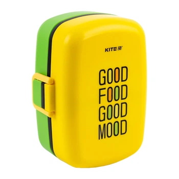 Ланчбокс Kite "Good food Goog mood" 1150 мл на 2 отделения + 2 дополнительных емкости с приборами желто-салатовый (K23-180-4)