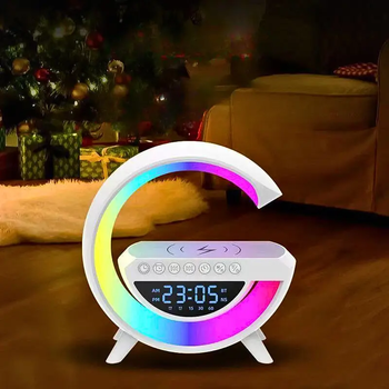Ночник – лампа RGB аккумуляторная с часами Bluetooth со встроенной колонкой, беспроводная зарядка телефона