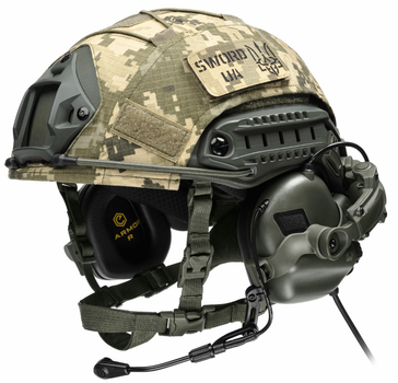 Балістичний шолом каска FAST Helmet NIJ IIIA оливковий+Тактичні навушники M32+кавер піксель Розмір L