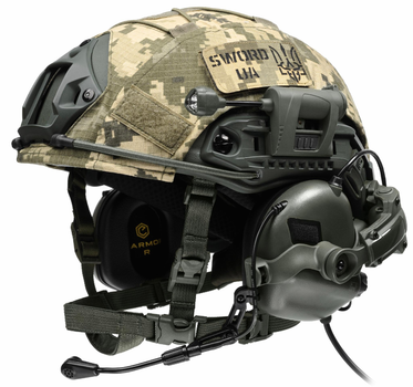Балістичний шолом каска FAST Helmet NIJ IIIA оливковий+Тактичні навушники M32+кавер піксель з ліхтариком Розмір L