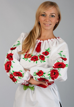 Вышиванка женская Мак Лариса белая блузка с маками, длинный рукав, блуза 54