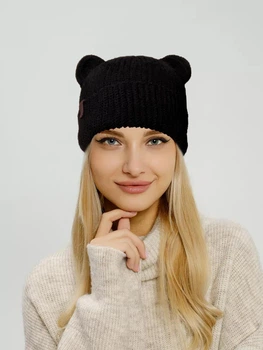 Шапка женская шерстяная с ушками Cappulla чёрная one size