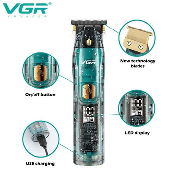 Акумуляторний триммер для стрижки бороди та вусів з USB та LED-дисплеєм VGR V-961 Pro Синій + Щітка для очищення