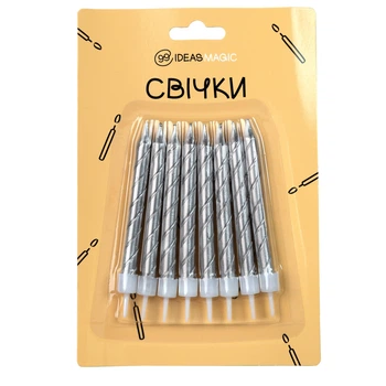 Свічка спіраль металік срібляста 8 шт 7,5 см, IDEA8-MB09Silver